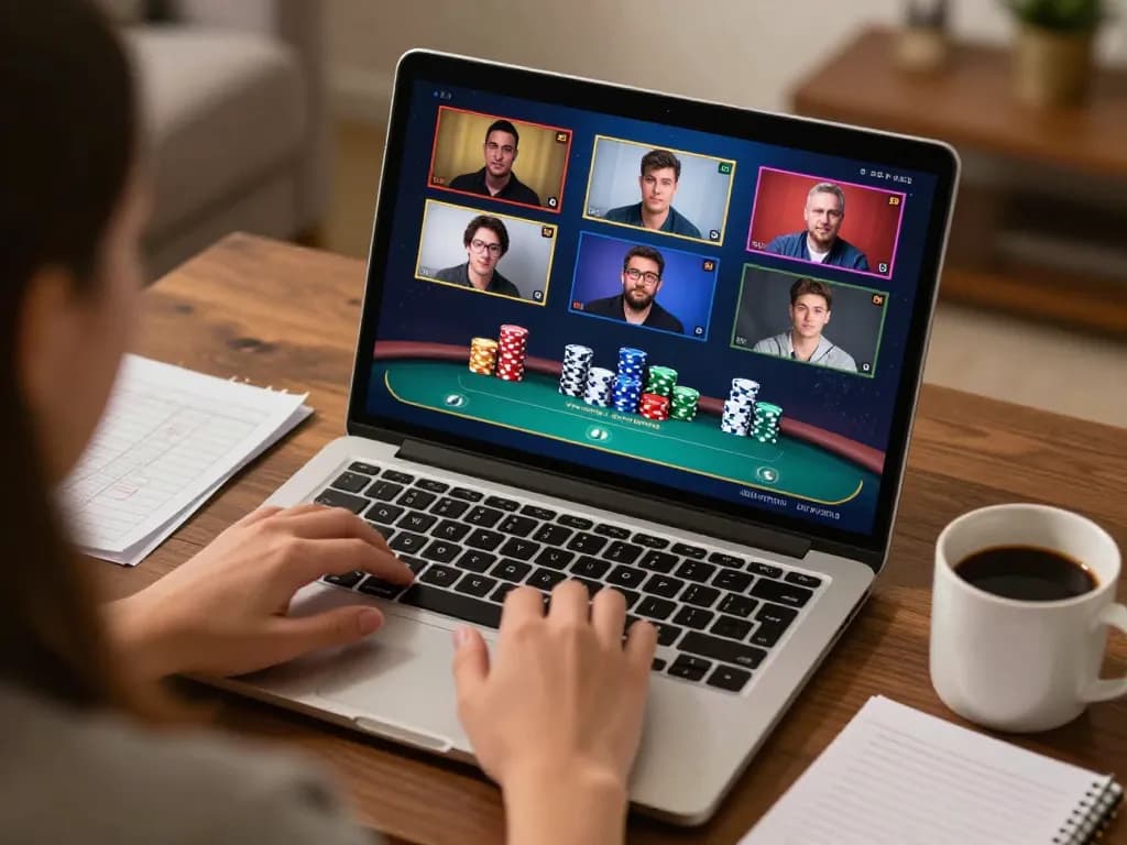 Online poker gameplay at 888top with colorful chips and strategic notes, showcasing an engaging home gaming environment.