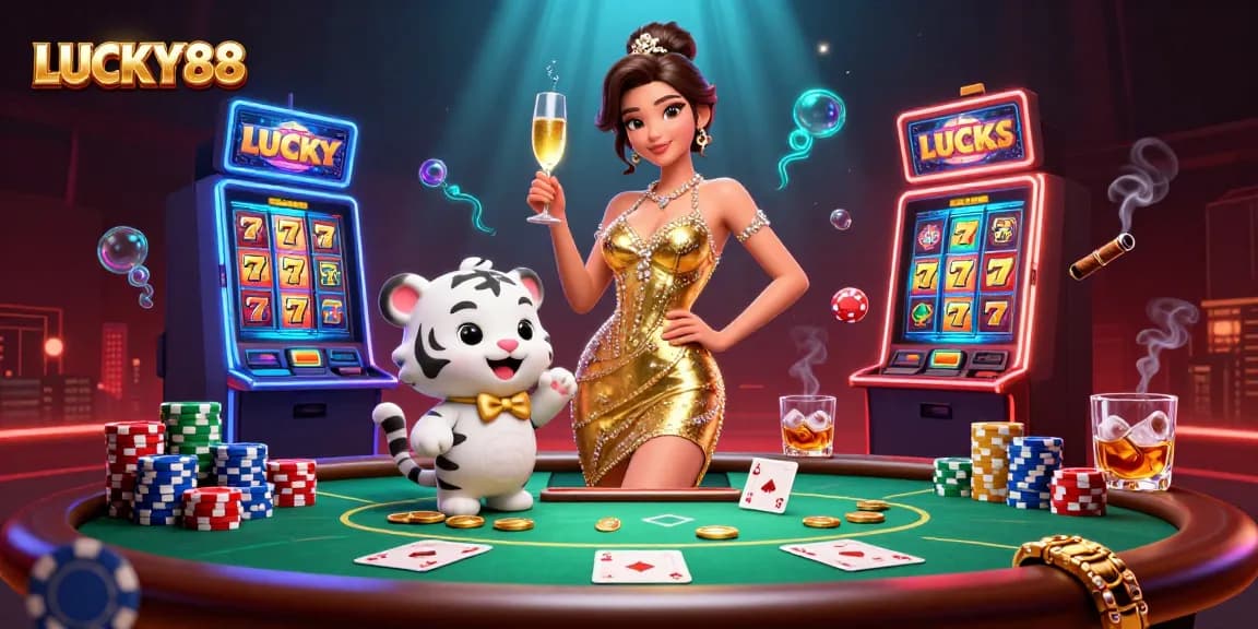 Experience the excitement of LUCKY88 with a glamorous woman, lucky tiger, and casino elements.