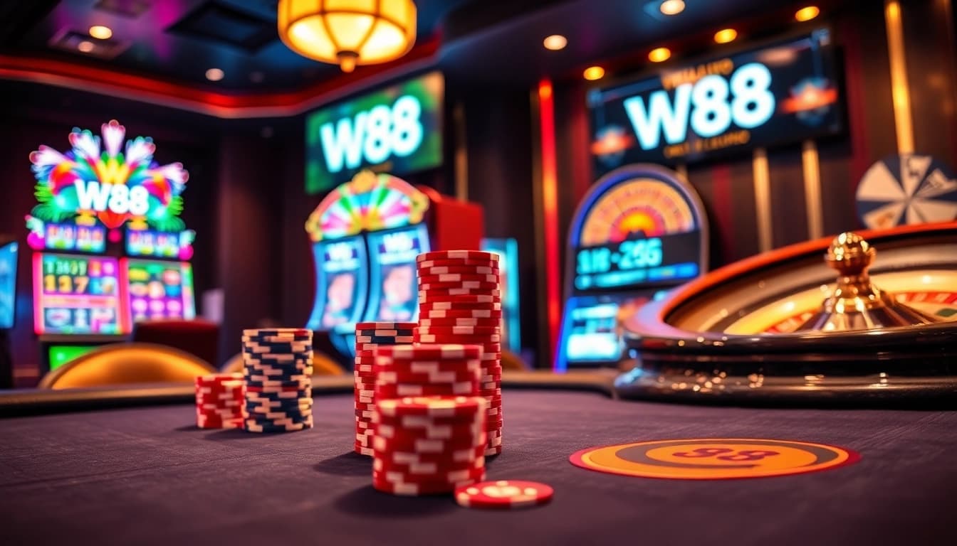 Intense gaming moment at W88's poker table with vibrant chips and roulette wheel.
