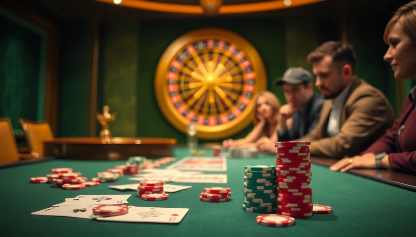 Players enjoying poker and roulette at Hi88 casino, exuding luxury and excitement.