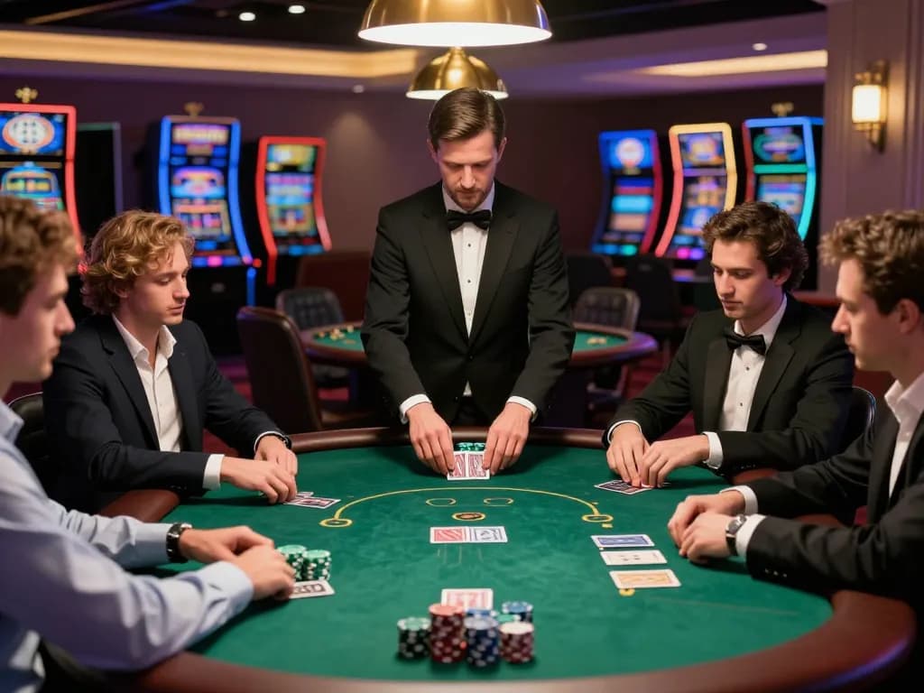 Players at an mb66 blackjack table making strategic bets amidst a vibrant casino atmosphere.