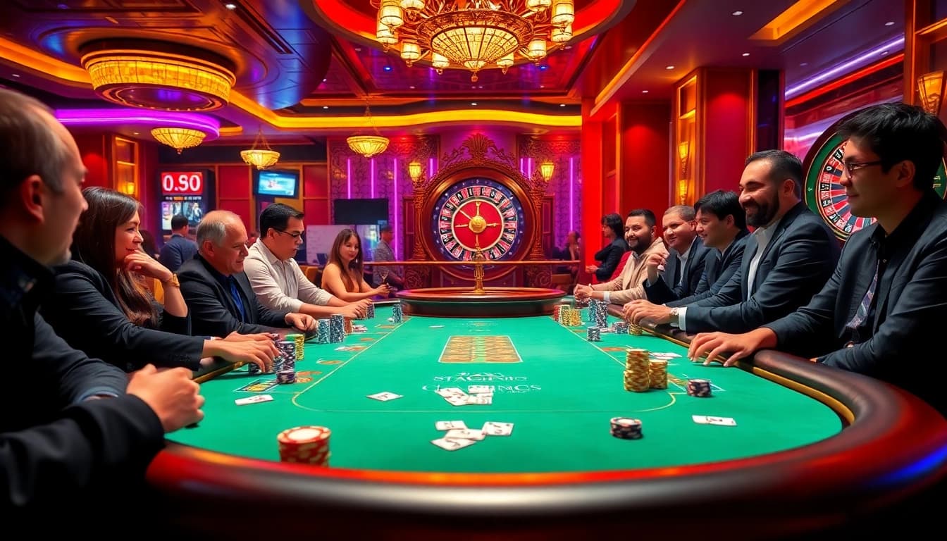 Players enjoying a thrilling poker game at SC88 COM's luxurious casino setting.