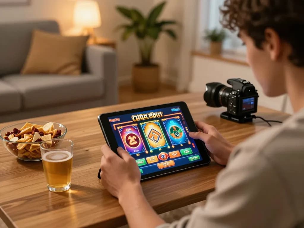 Player engaging with slot games on a tablet, showing NOHU90 interface in cozy home setup.