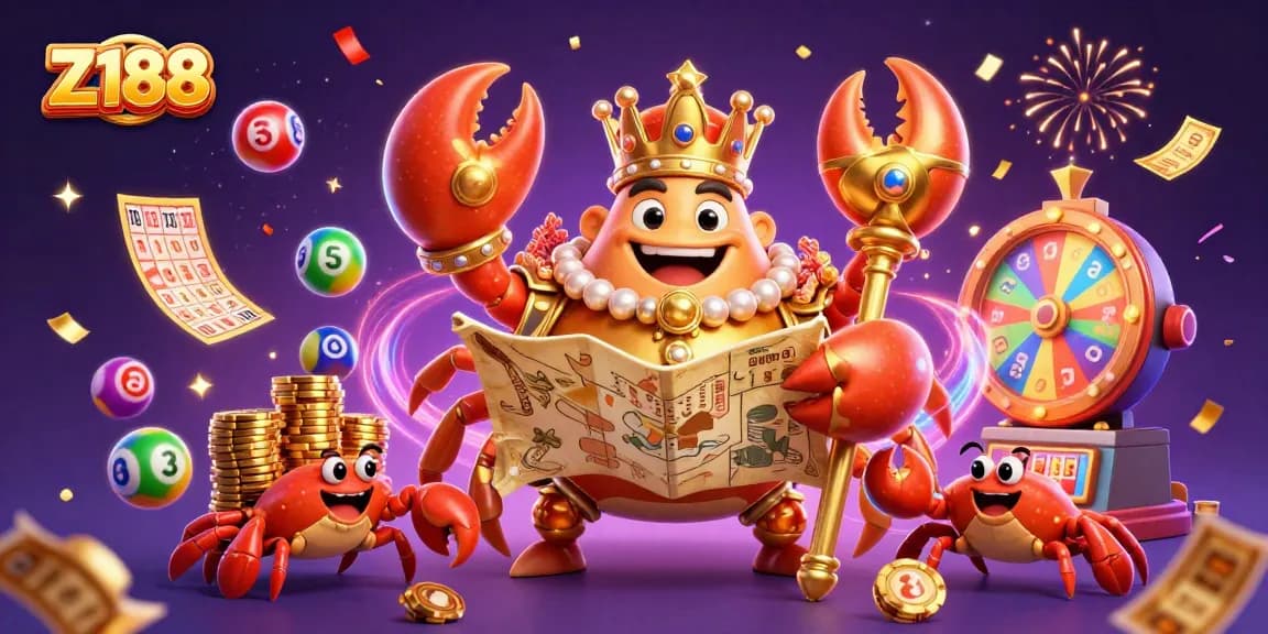 Engage with Z188’s vibrant lottery scene, featuring a golden crab emperor and colorful game elements.