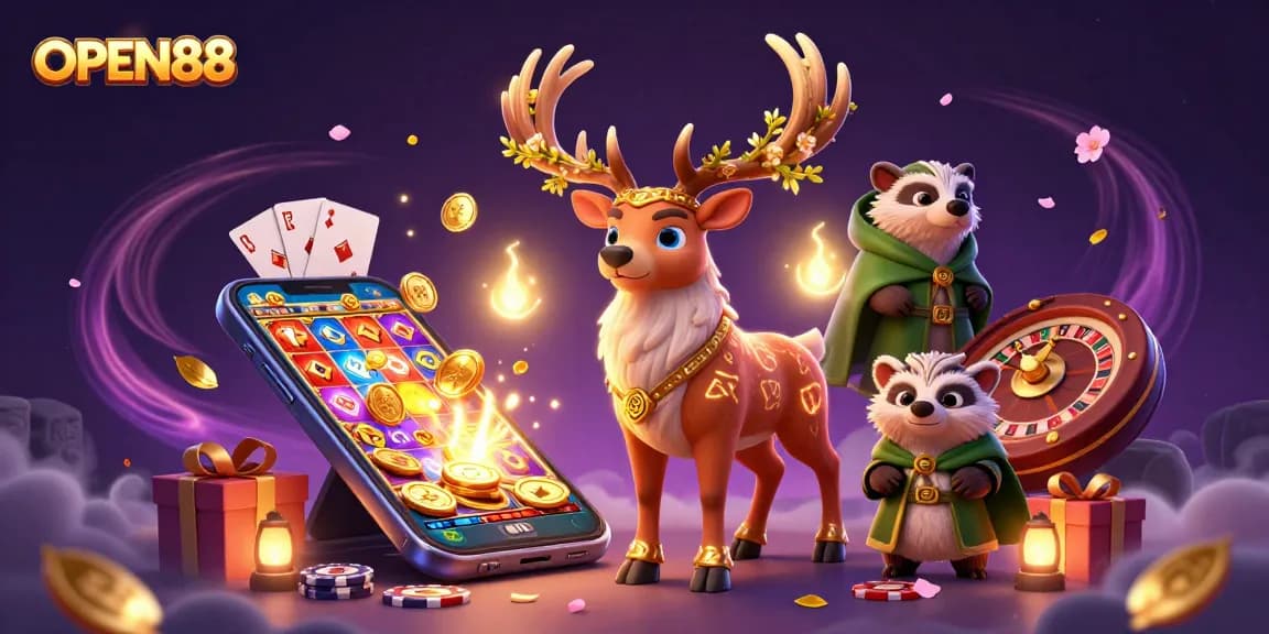 Experience top gaming thrills with OPEN88, showcasing a vibrant 3D illustration packed with action.
