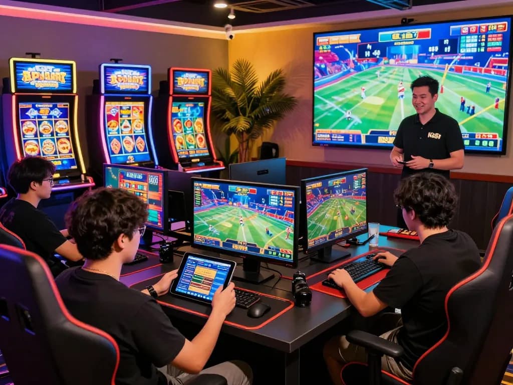 Engaged gamers enjoying K88 online betting platform with vibrant gaming ambiance.