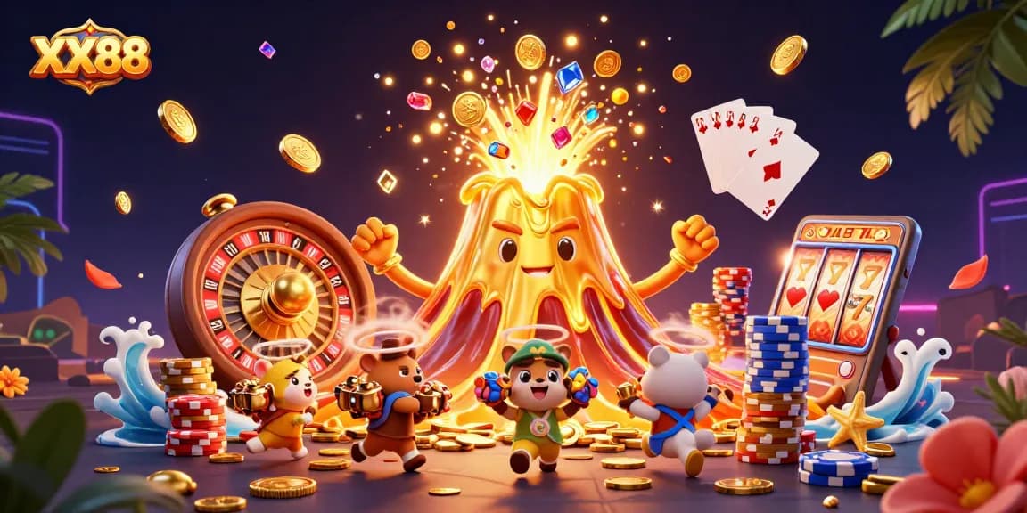 Get ready for excitement with XX88 as a golden volcano erupts with treasures and dynamic casino elements.