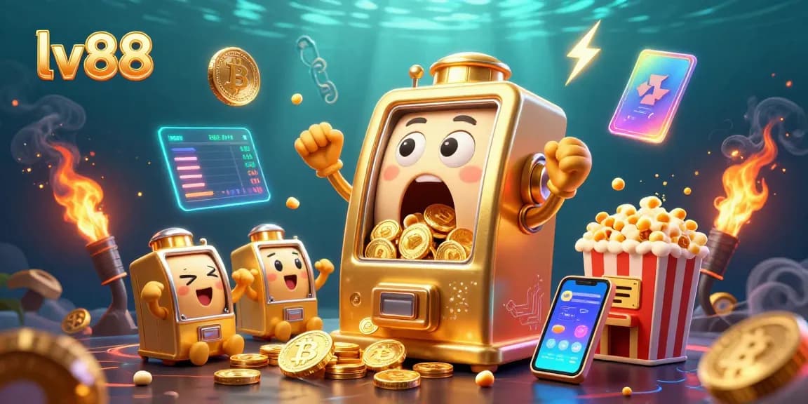 Engage with lv88's vibrant jackpot scene featuring golden slot machines and crypto elements.