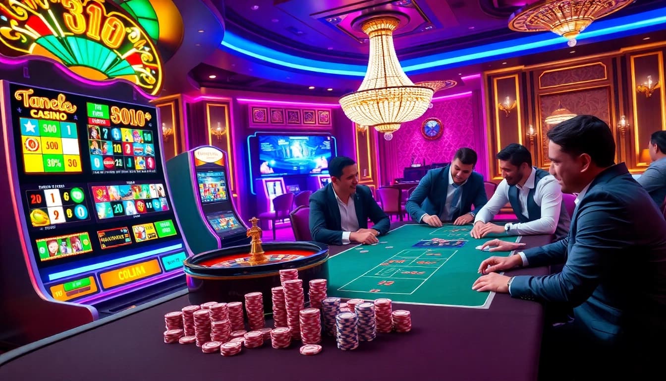 Players enjoying thrilling games at 88aa, with vibrant slot machines and a roulette wheel.