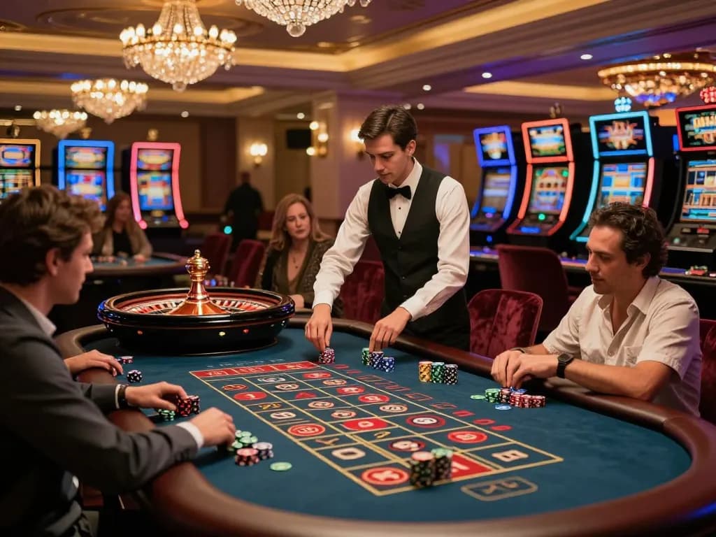 Engaging roulette action at a luxury casino with players betting at https://9bet9.in.net table, croupier spinning wheel, vibrant atmosphere