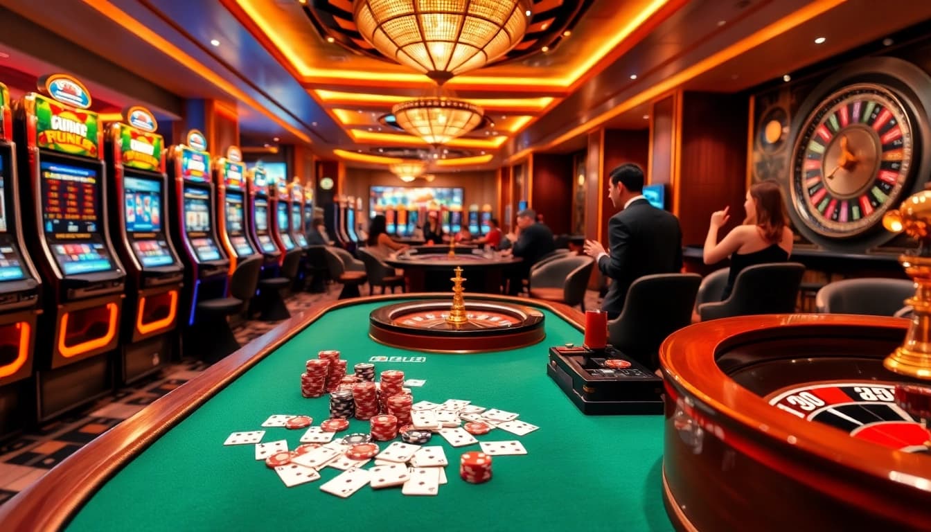 Exciting gaming atmosphere at mm88-mm888 casino with players at tables and vibrant slot machines.