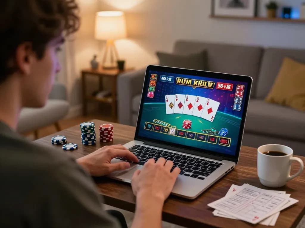 Engaging in blackjack online at home, featuring onbet gameplay on a laptop in a cozy setting.