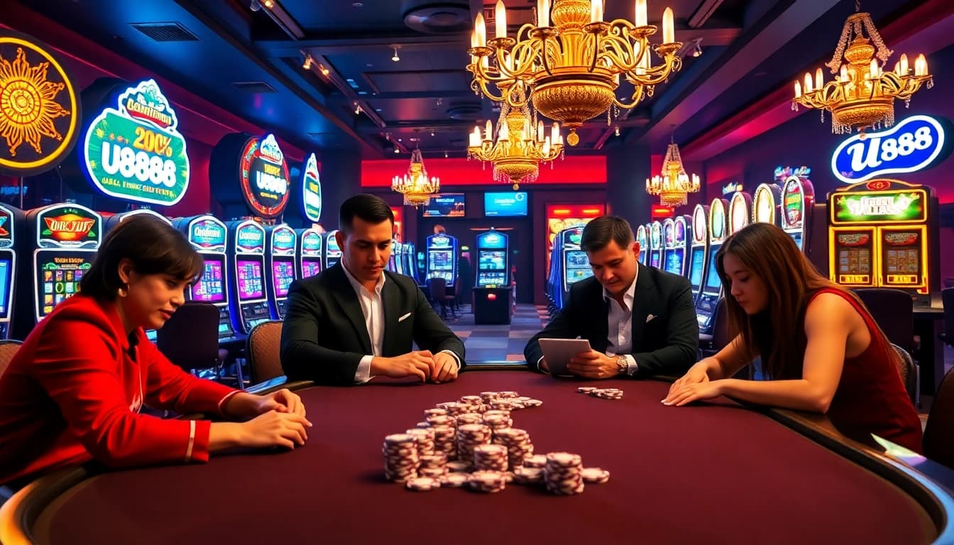 Engaged players enjoying a luxurious U888 poker game in a vibrant casino atmosphere.