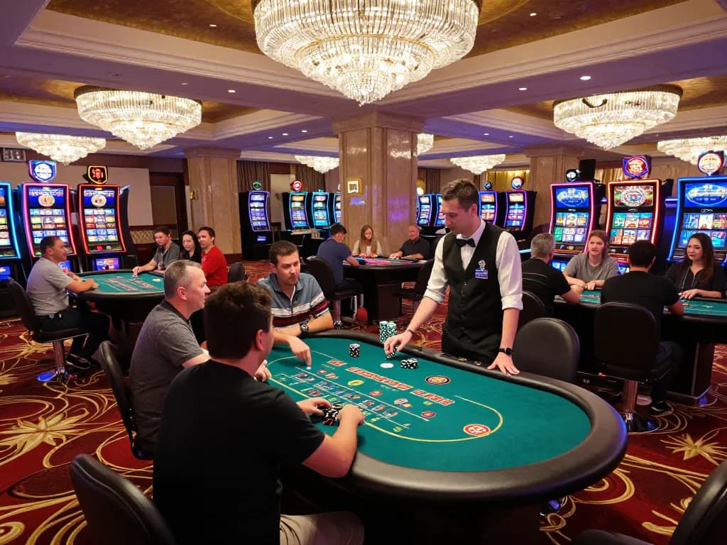 Players engaged at fah999 casino tables, capturing the excitement of gambling in a vibrant atmosphere.