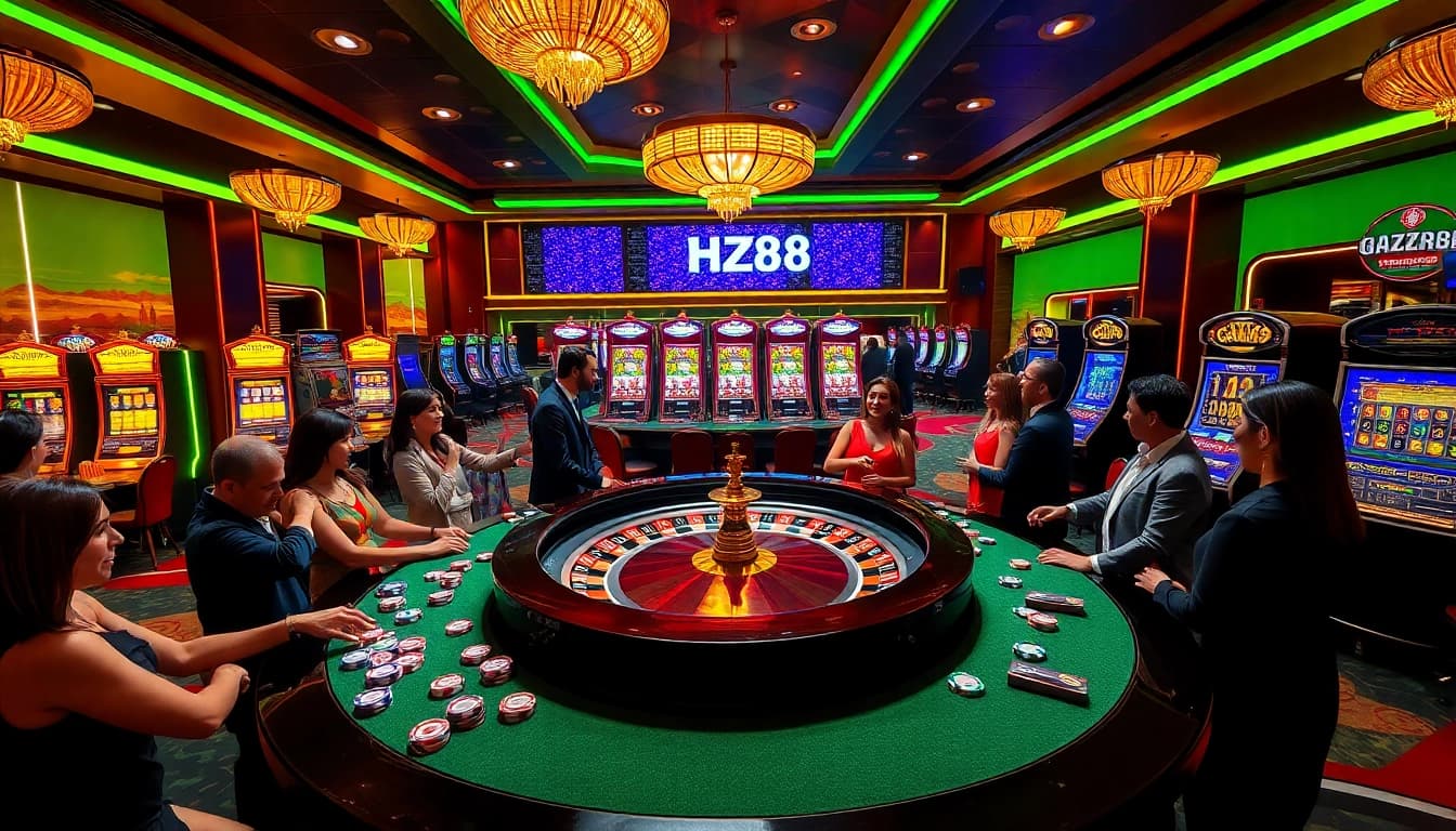 Excited players enjoy a game at HZ88's luxurious casino, featuring a roulette table and slot machines.