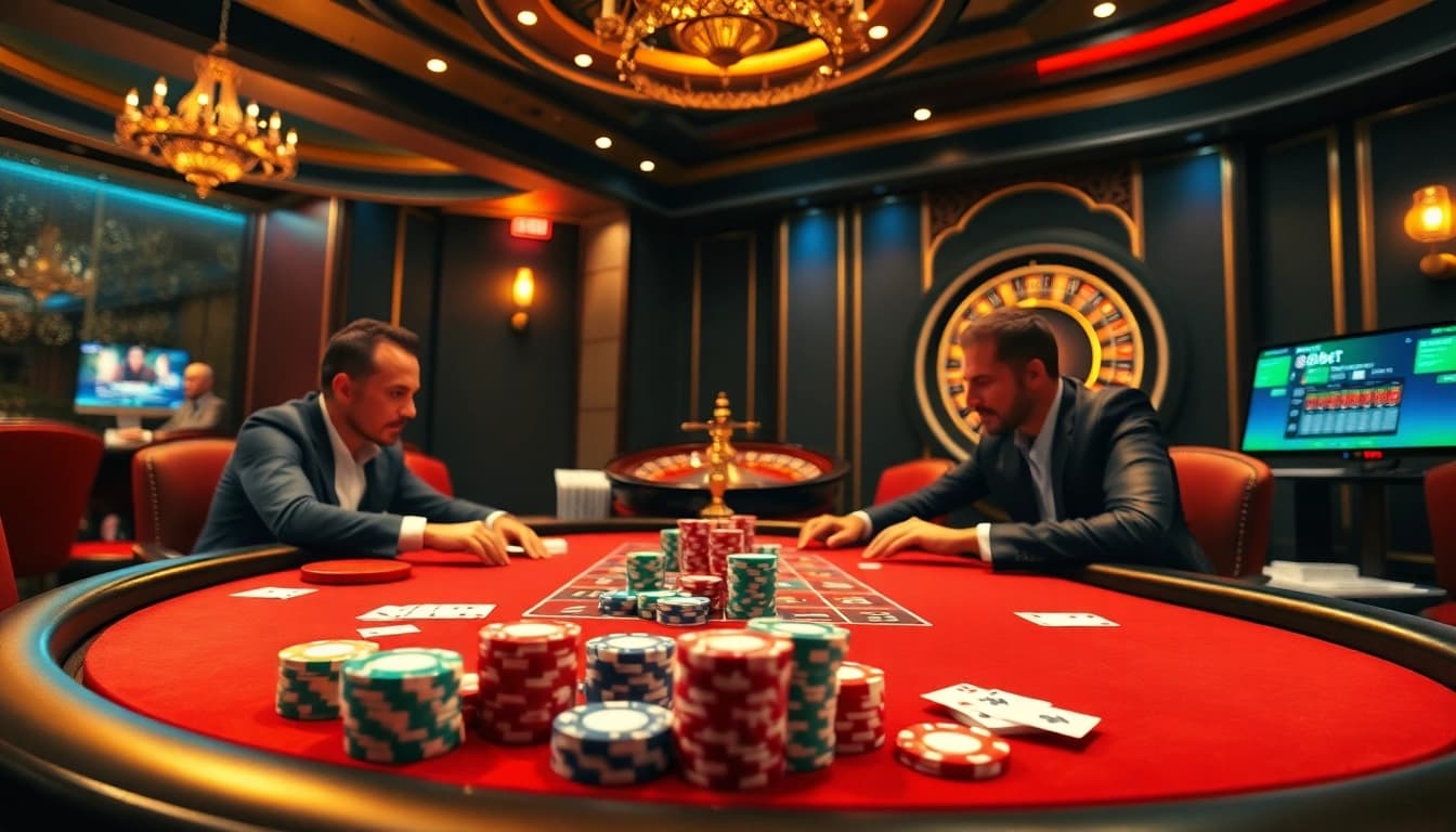 Exciting poker action at 8Kbet casino with vibrant chips and roulette wheel.