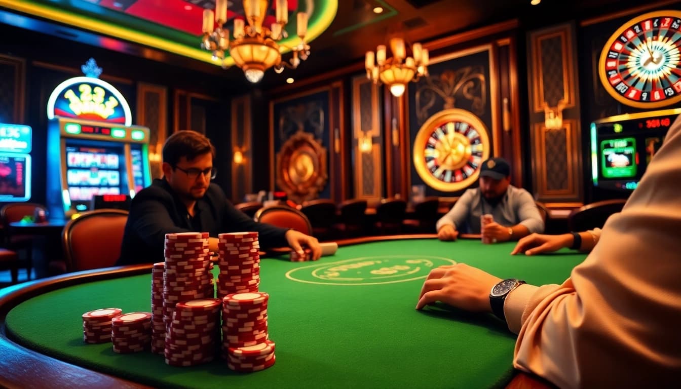 Experience luxury at 888P with an exciting poker game surrounded by vibrant casino elements.