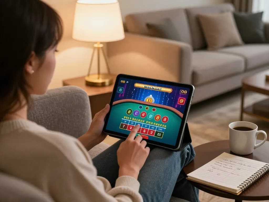 O8 live casino session on tablet with strategic notes, cozy home atmosphere
