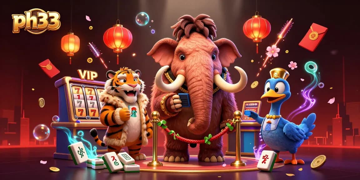 Experience gaming excitement at ph33 with a vibrant 3D scene showcasing entertaining characters and dynamic casino elements.