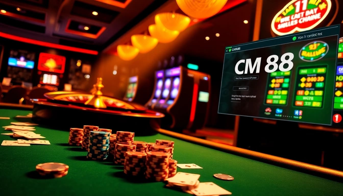 Engaging casino scene showcasing CM88 with poker chips and a roulette wheel, embodying luxury and excitement.