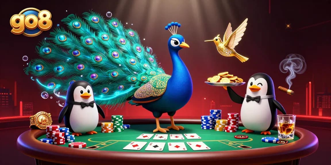 Engage in thrilling poker at go8 with vibrant chips, a dazzling peacock, and dynamic gameplay elements.
