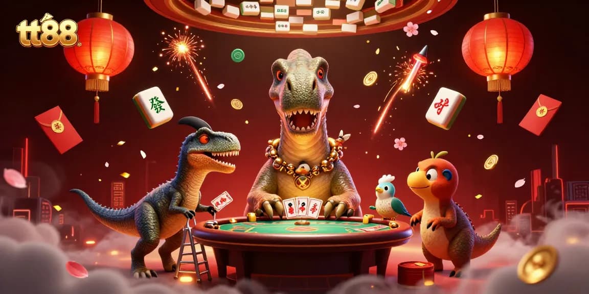 Engage in thrilling card games at tt88 with a giant brontosaurus and clever raptor dealing cards.