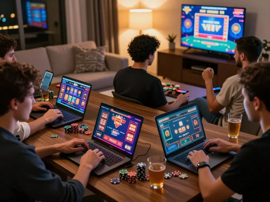 Players enjoying 78win online casino gaming on laptops and smartphones celebrating wins.