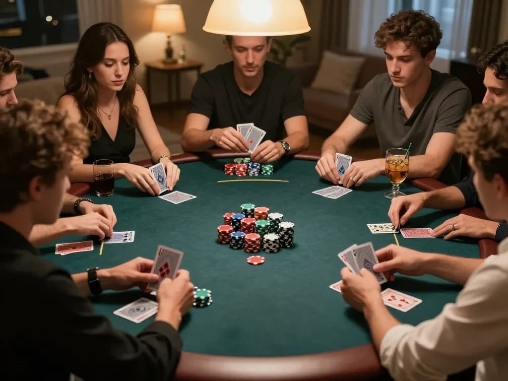 XX88 players engaged in a competitive home poker night with vibrant chips and cards