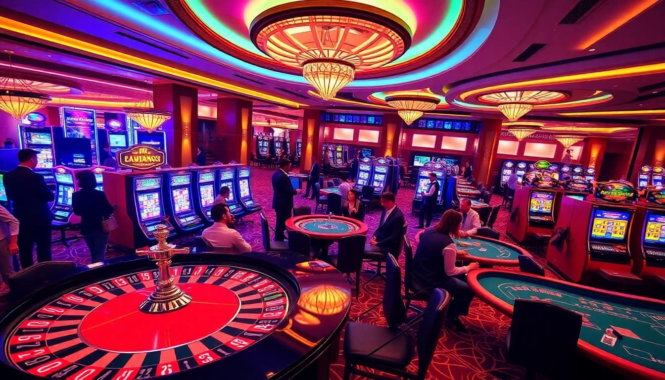 Engaged players enjoying the luxury of an hb88 casino with vibrant slot machines and tables.