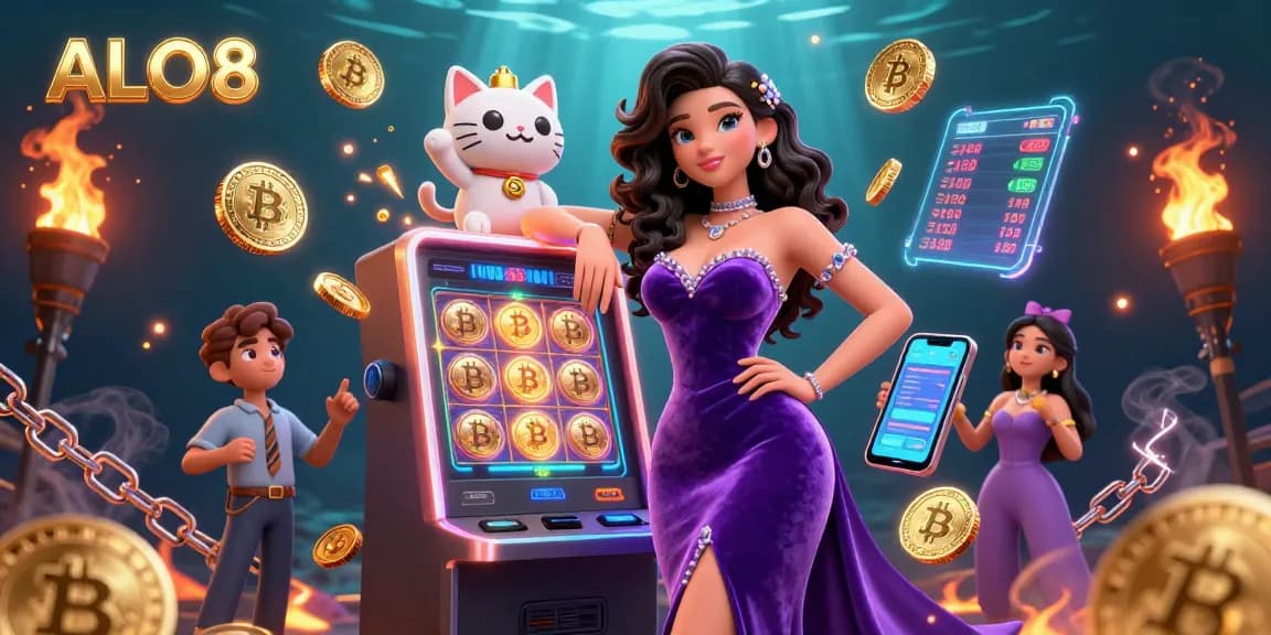 Experience vibrant ALO8 casino gameplay with a stylish woman and a fortune cat jackpot scene.