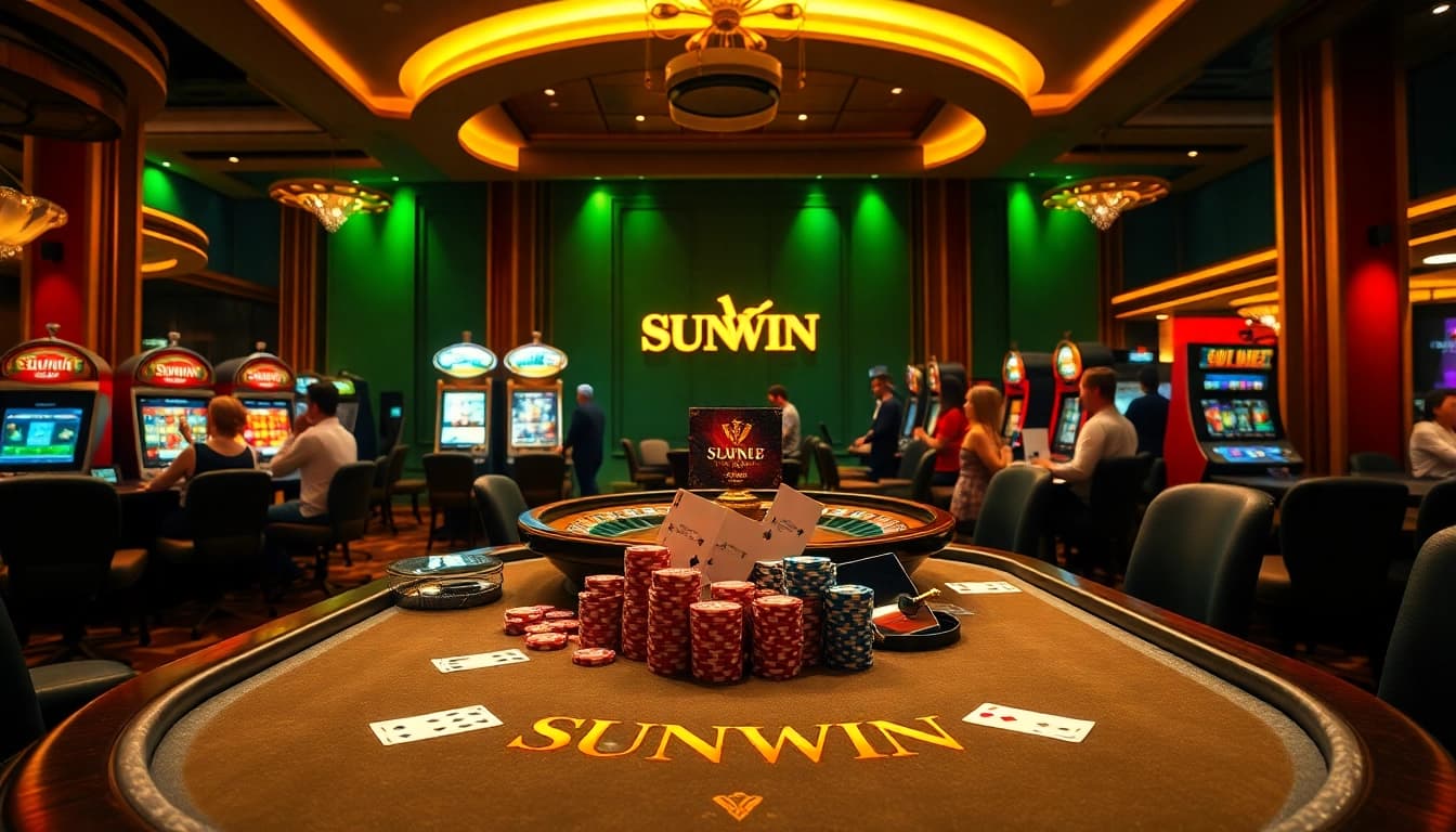 SUNWIN's luxurious casino ambiance featuring vibrant poker tables and slot machines.