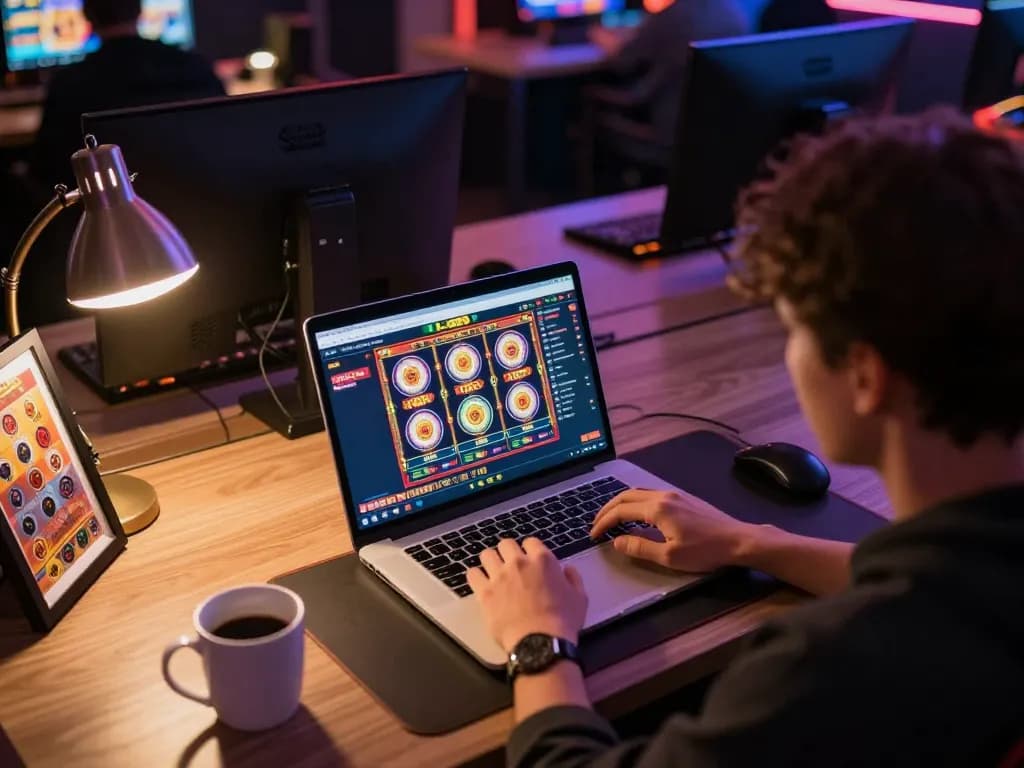 Engaged player exploring LV88 online casino slots from a cozy home workspace
