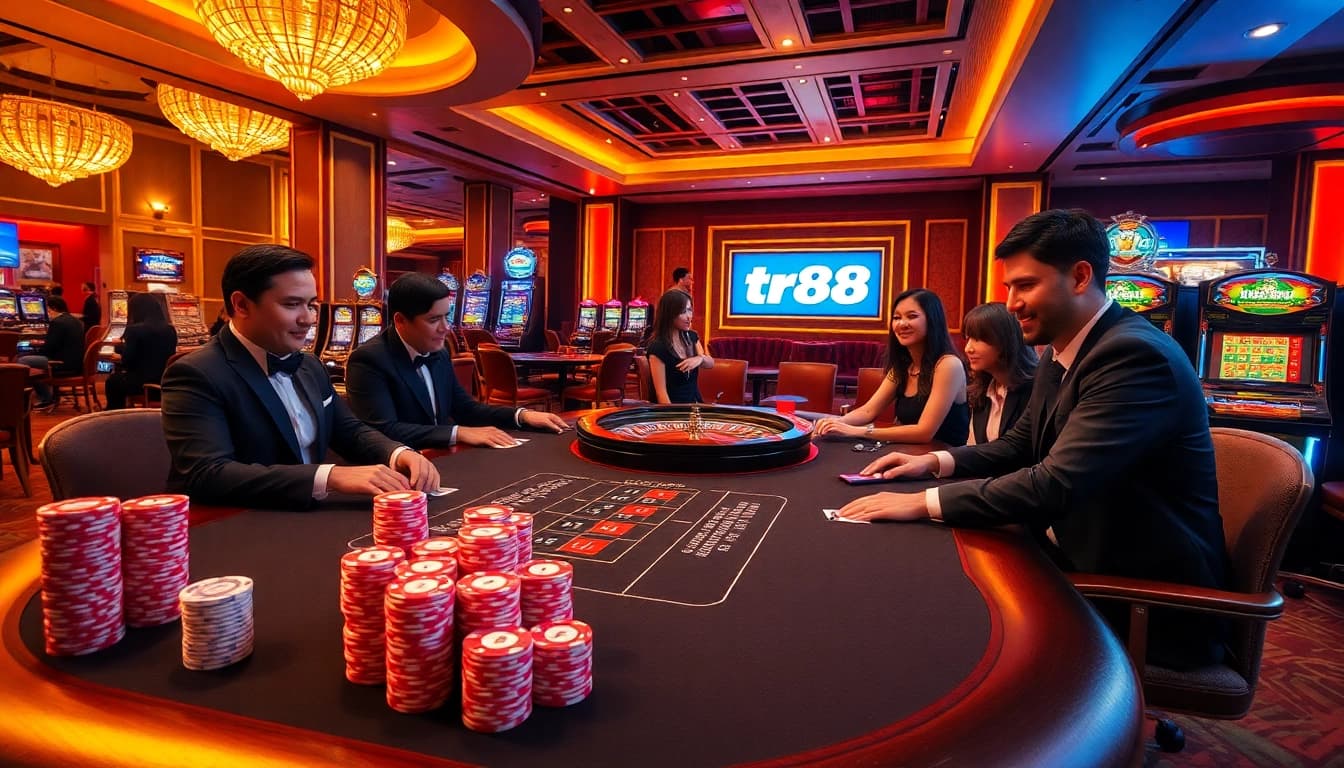 Experience thrilling gameplay at TR88's vibrant casino tables with engaging players and professional dealers.