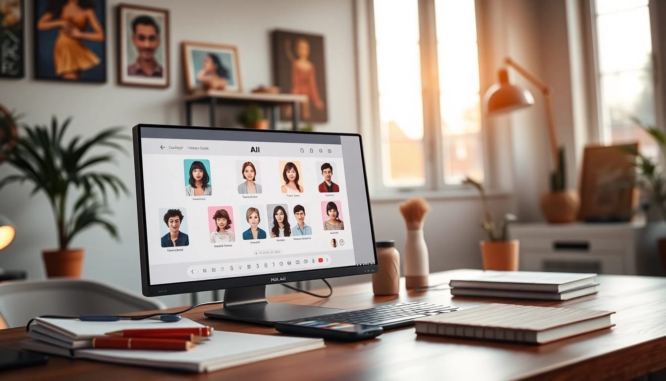 Engaging workspace showcasing computer with the best nsfw ai chat interface and character avatars.