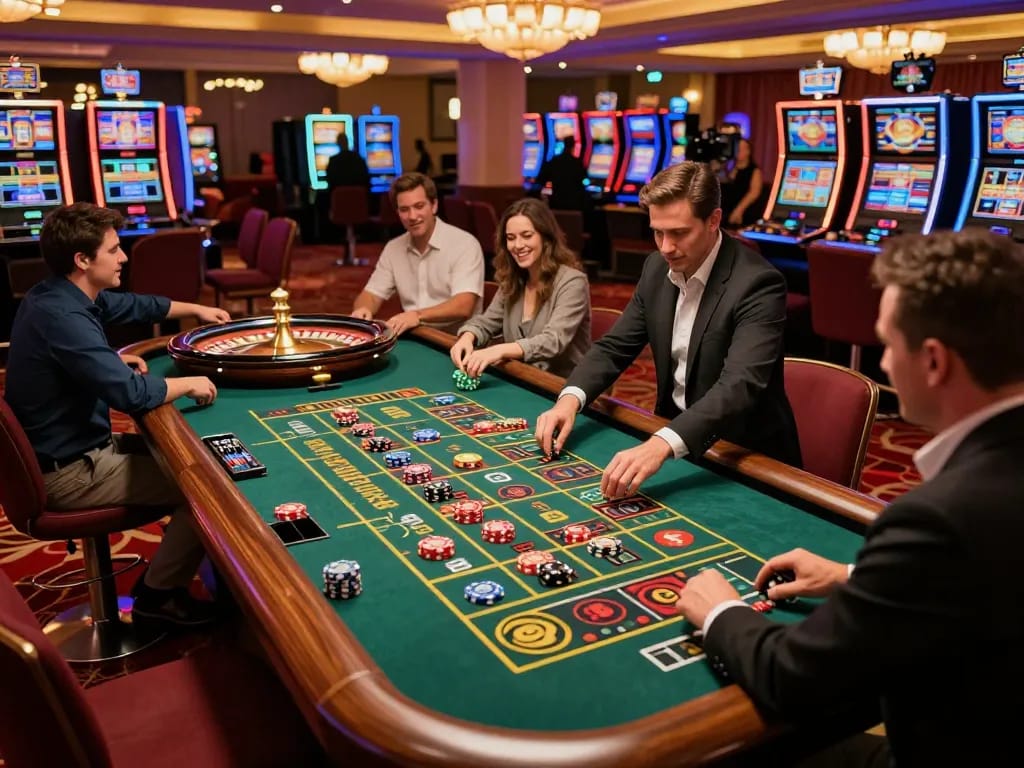 Engaging scene of NK88 roulette gameplay, players thrill at spinning wheel and strategic bets.