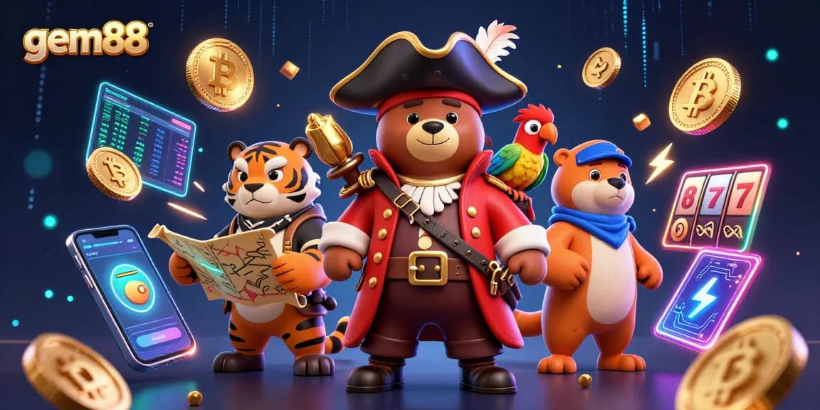 Experience thrilling gameplay with gem88's dynamic 3D illustration of casino adventure featuring iconic characters and epic wins.