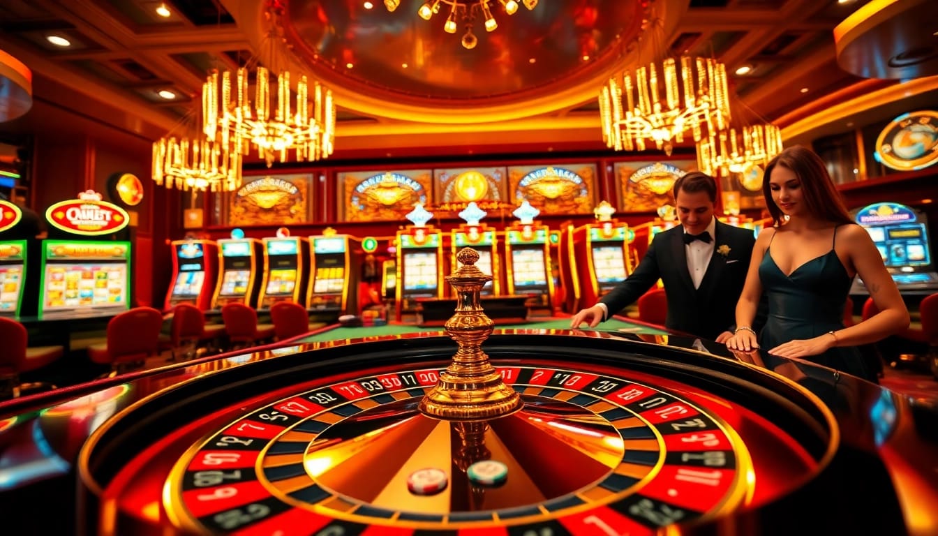 Experience the thrill of XX88 casino with players engaging at a vibrant roulette table, surrounded by dazzling slot machines.