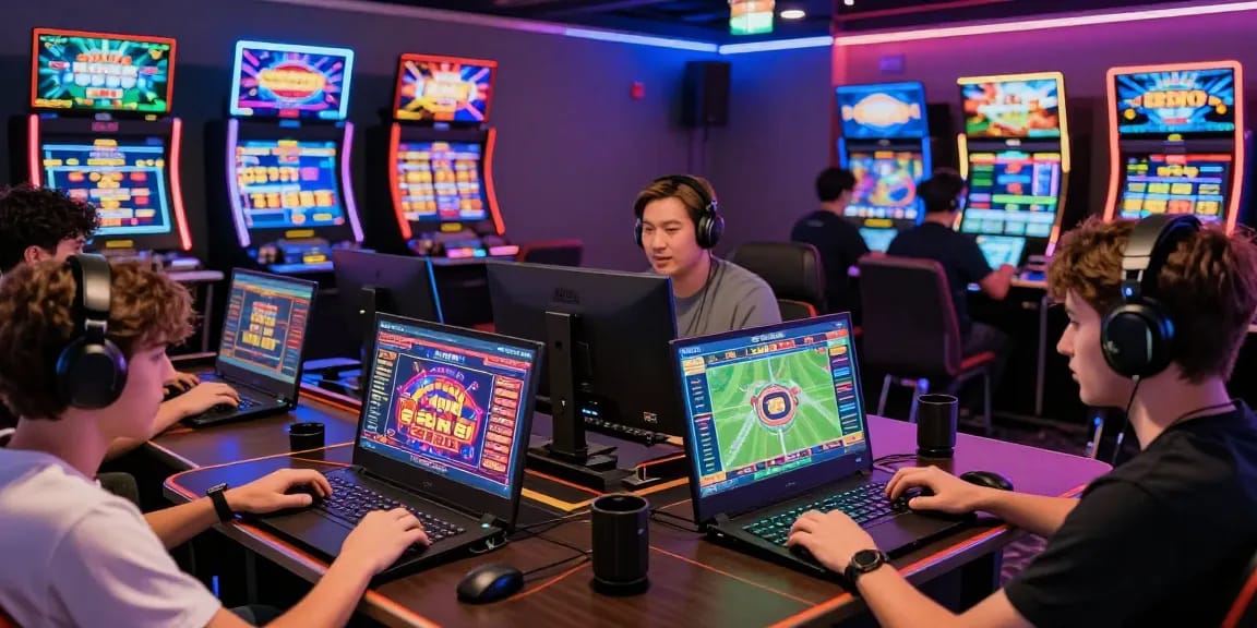 Xoso66 online gaming scene with players engaged in betting activities amidst vibrant digital displays and a lively casino atmosphere.