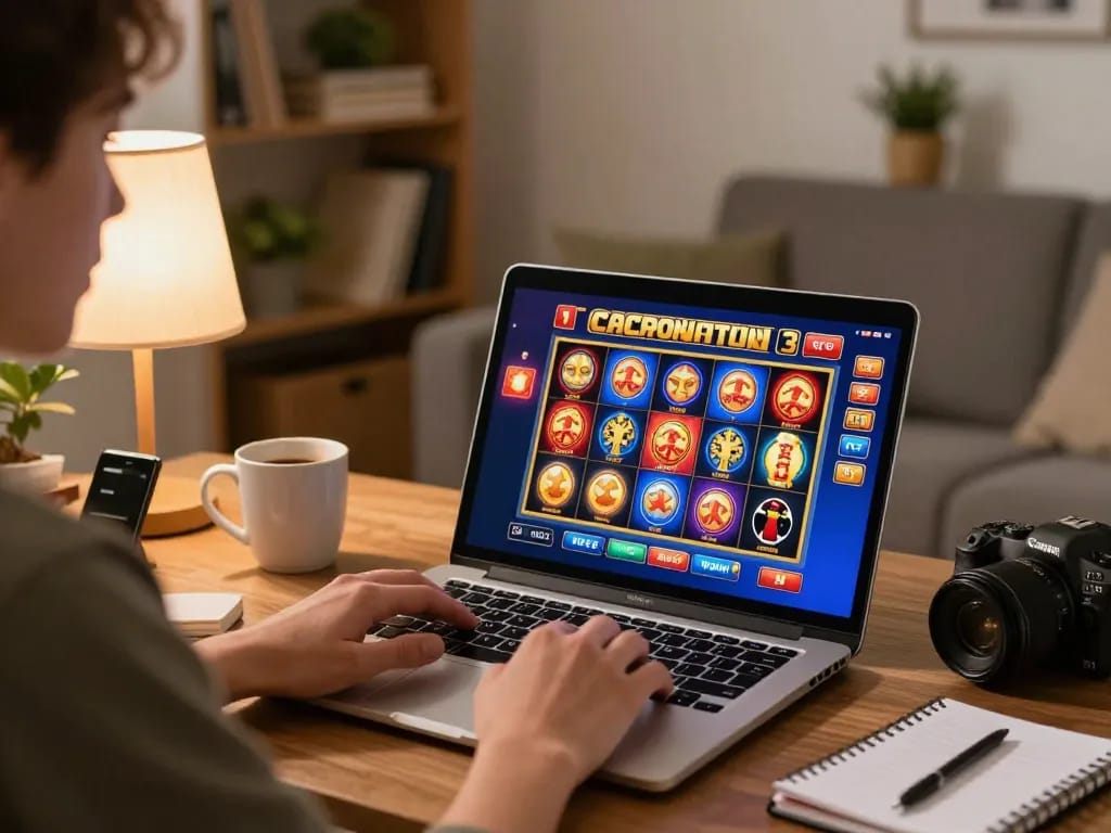 Experience MM88 gaming excitement online with a cozy setup featuring a slot game on a laptop.