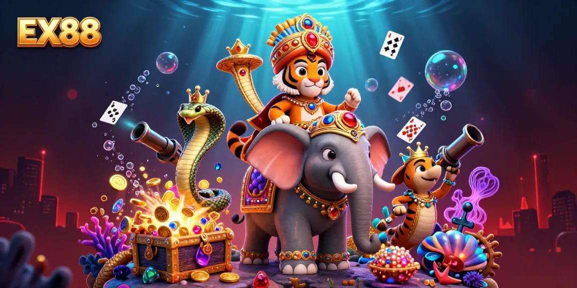 Experience EX88's vibrant casino adventure with a maharaja tiger and stunning treasure visuals.