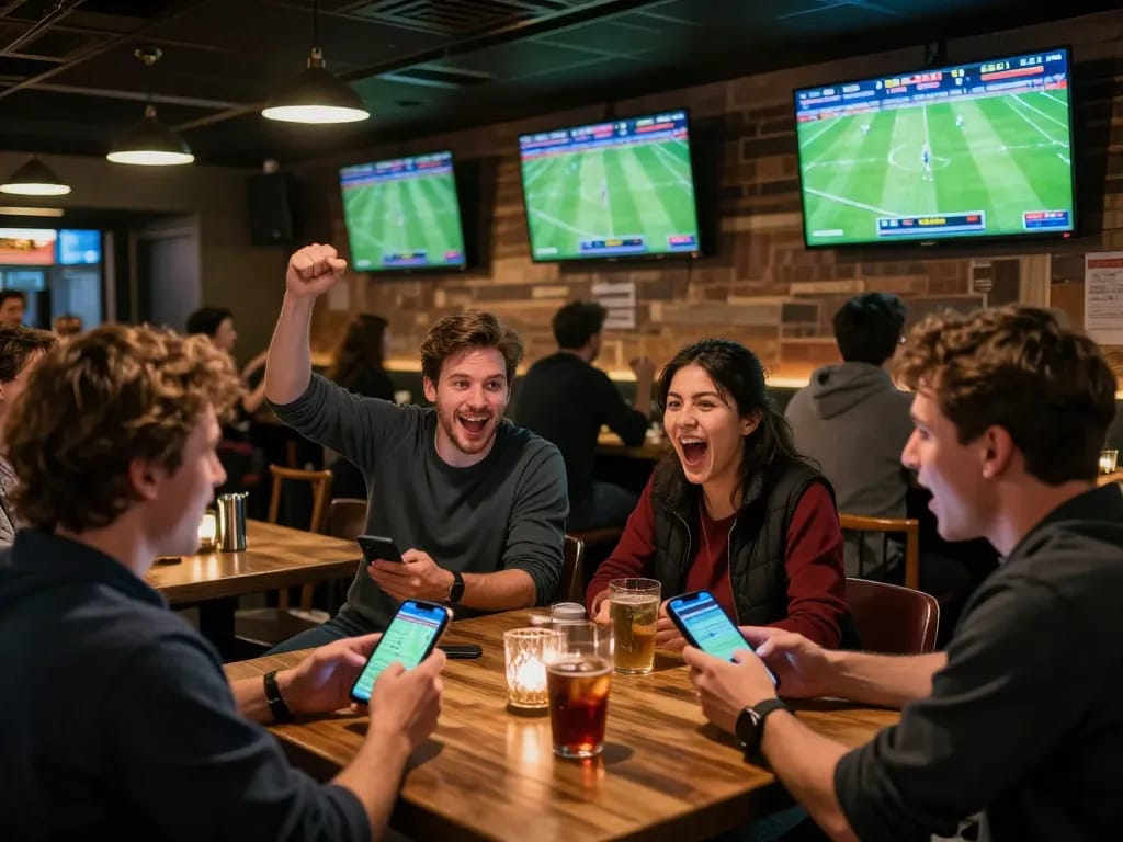 KQBD sports bettors cheer for live match updates and strategic betting wins at a sports bar.