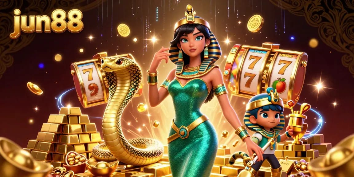 Experience thrilling casino action with jun88 as a stunning woman in green dazzles alongside golden treasures.