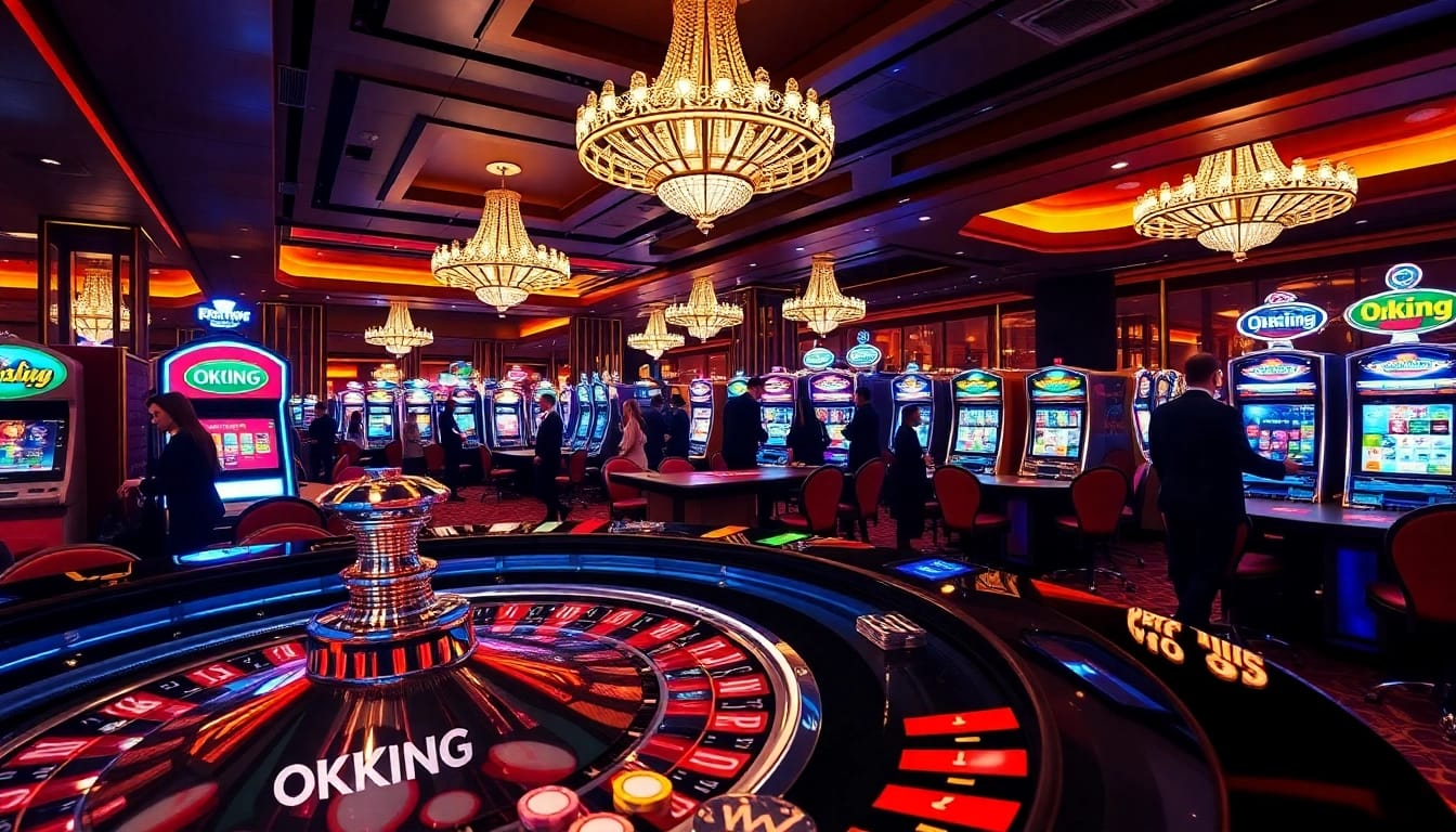 OKKING's vibrant casino atmosphere with roulette and players capturing the excitement of winning.