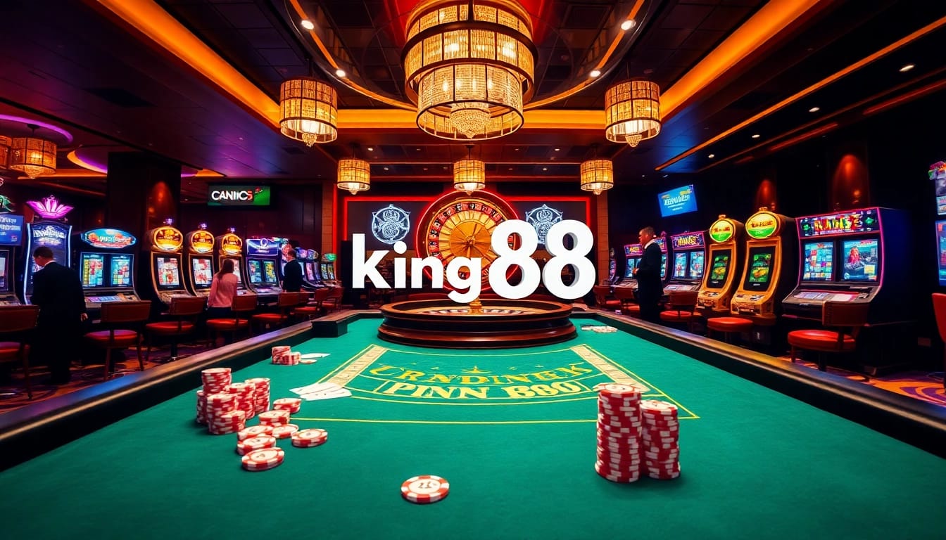 Players engaging in exciting casino games at King88, with vibrant slot machines and dealer at blackjack table.