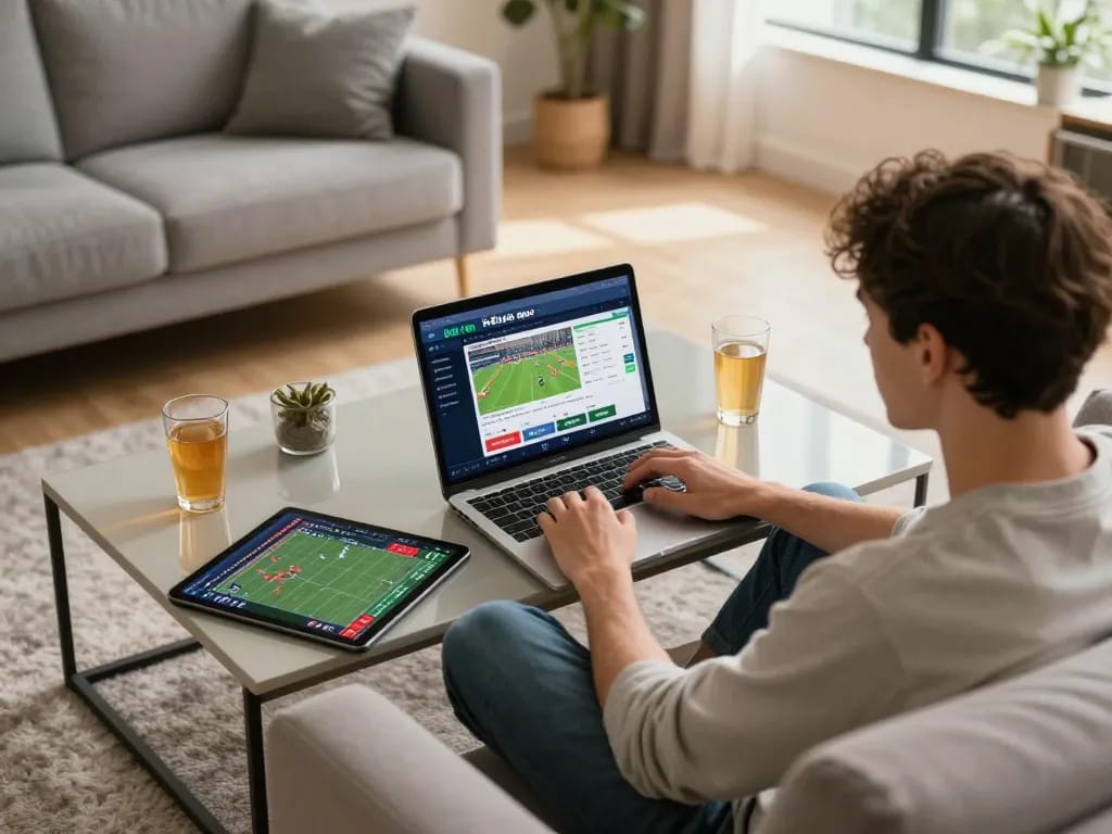 Engaging with kèo nhà cái on a laptop, showcasing online sports betting strategy in a cozy living room.