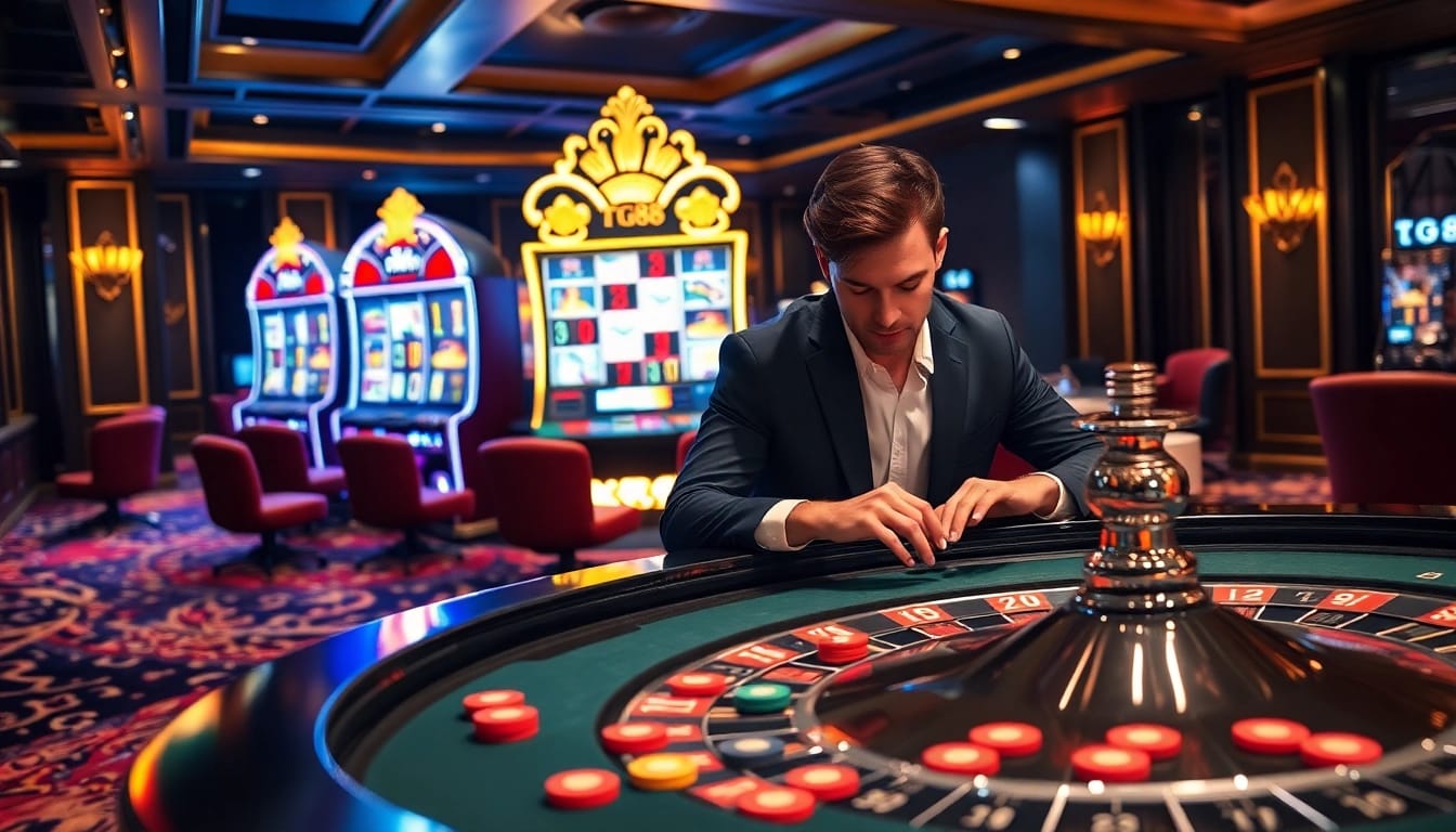 Tg88 casino player engaged at a luxurious roulette table with vibrant chips and a high-stakes atmosphere.
