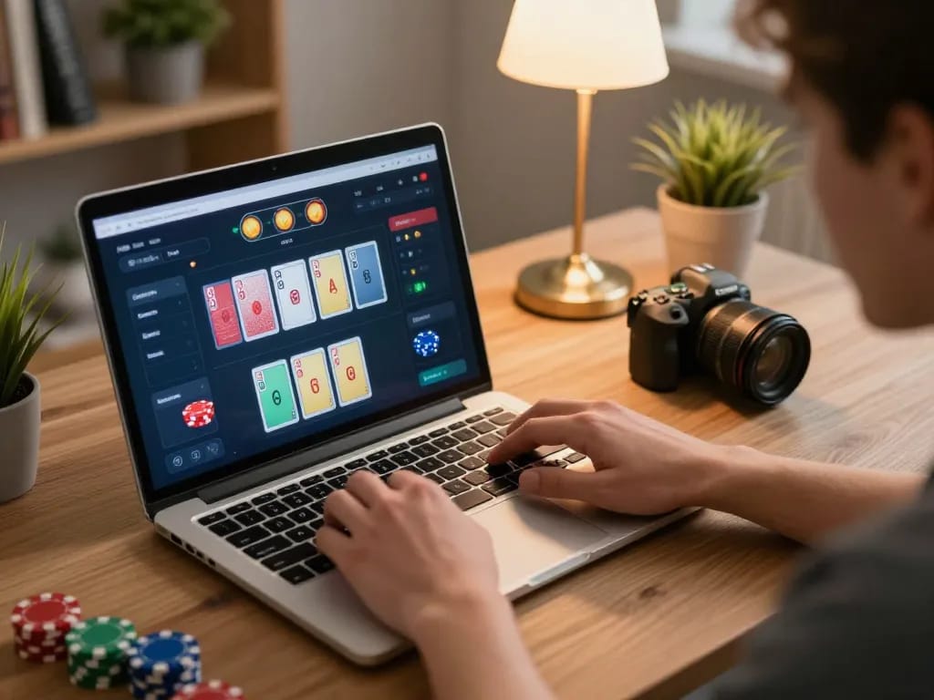 Play poker online at nhà cái S666 with a cozy home setup featuring a laptop and betting interface.