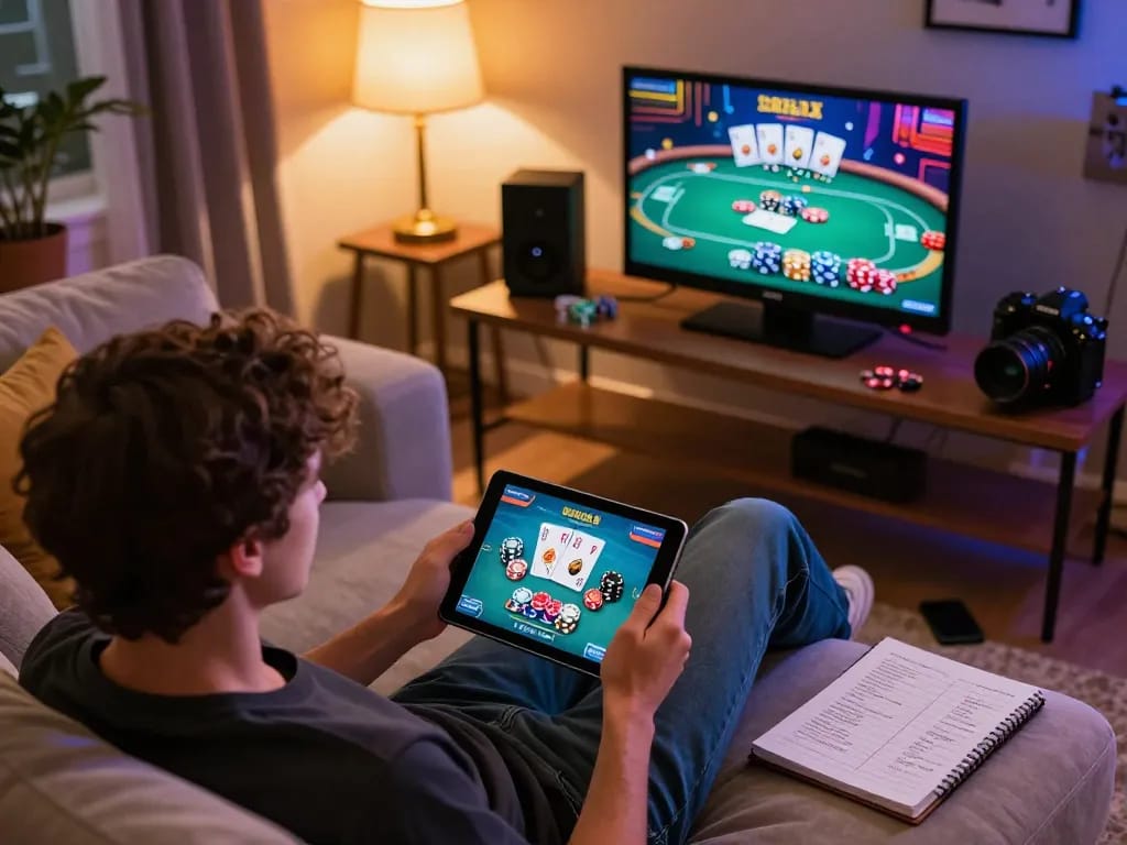 Player engaging in a poker game using a tablet, emphasizing login and registration for online slots
