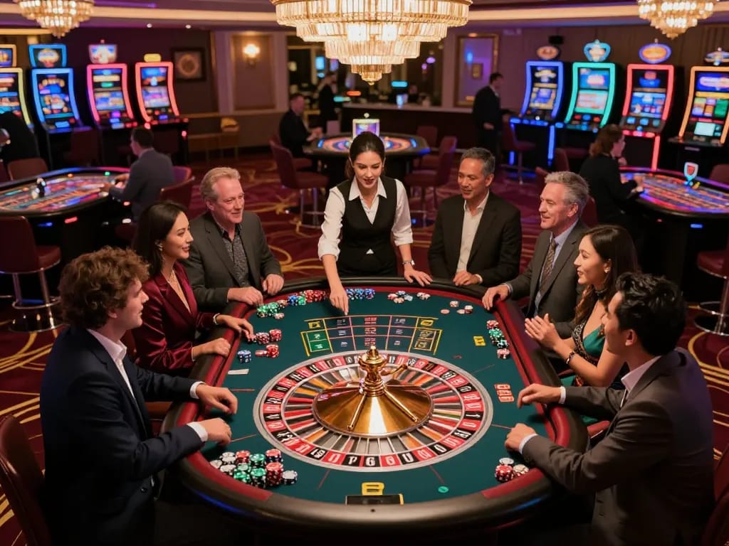 Experience the thrill of roulette at 79KING with an engaging croupier and excited players.