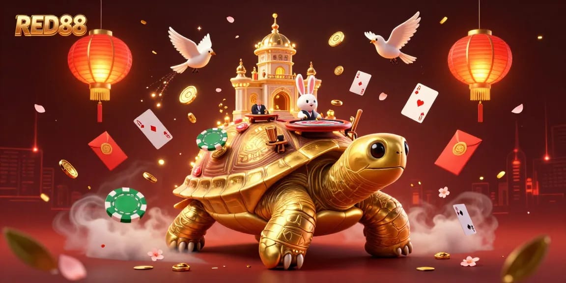 Experience the thrill of RED88 with a vibrant 3D scene featuring a gaming tortoise, rabbit dealer, and poker elements.